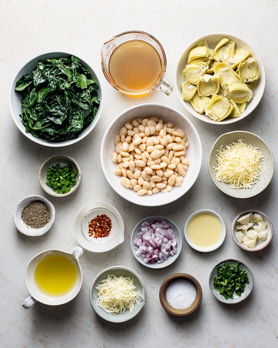 The image shows a top-down view of ingredients arranged neatly on a white marbled surface. There are 13 small bowls and a glass measuring cup, each holding different ingredients: a bowl filled with chopped dark green spinach leaves on the left, next to it a bowl with light yellow artichoke hearts, and a white bowl in the center filled with white beans. A glass measuring cup contains a light brown liquid, likely broth. Smaller bowls hold cream-colored shredded cheese, chopped red onions, minced garlic, chopped green herbs, a white creamy substance, a small amount of yellow oil, a little juice in a white bowl, salt in a gray bowl, red pepper flakes on a plate, and grated parmesan cheese in a small pitcher. All items are organized neatly with clear colors and textures against the white marbled background. photo taken with an iphone --ar 4:5 --v 7