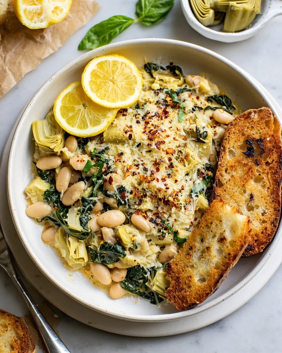 A white bowl holds a layered dish starting with a base of light green and beige artichoke pieces mixed with large white beans. On top, there is melted creamy cheese with a slightly golden brown crust and small green spinach leaves scattered throughout. Two lemon slices rest on one side, adding a bright yellow color. A few specks of black pepper and red chili flakes are sprinkled across the dish, adding texture. On the right edge, there are two pieces of torn crispy bread with a golden-brown crust and airy inside. A white marbled surface is underneath, with a small white bowl of artichoke hearts and some green basil leaves nearby. photo taken with an iphone --ar 4:5 --v 7