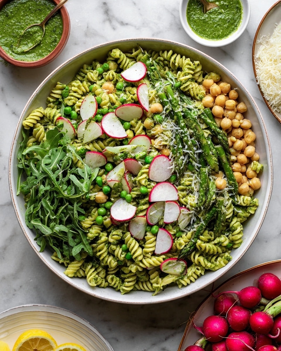 A white bowl filled with three layers of salad: the bottom layer is green pasta spirals, the middle layer has chickpeas, peas, asparagus pieces, and thin round slices of radish with red edges, and the top layer is fresh green arugula leaves sprinkled with grated cheese. Two silver serving spoons with woven handles rest on the right side of the bowl. The bowl is placed on a white marbled surface with a small white bowl of green sauce and lemon wedges nearby. Photo taken with an iphone --ar 4:5 --v 7