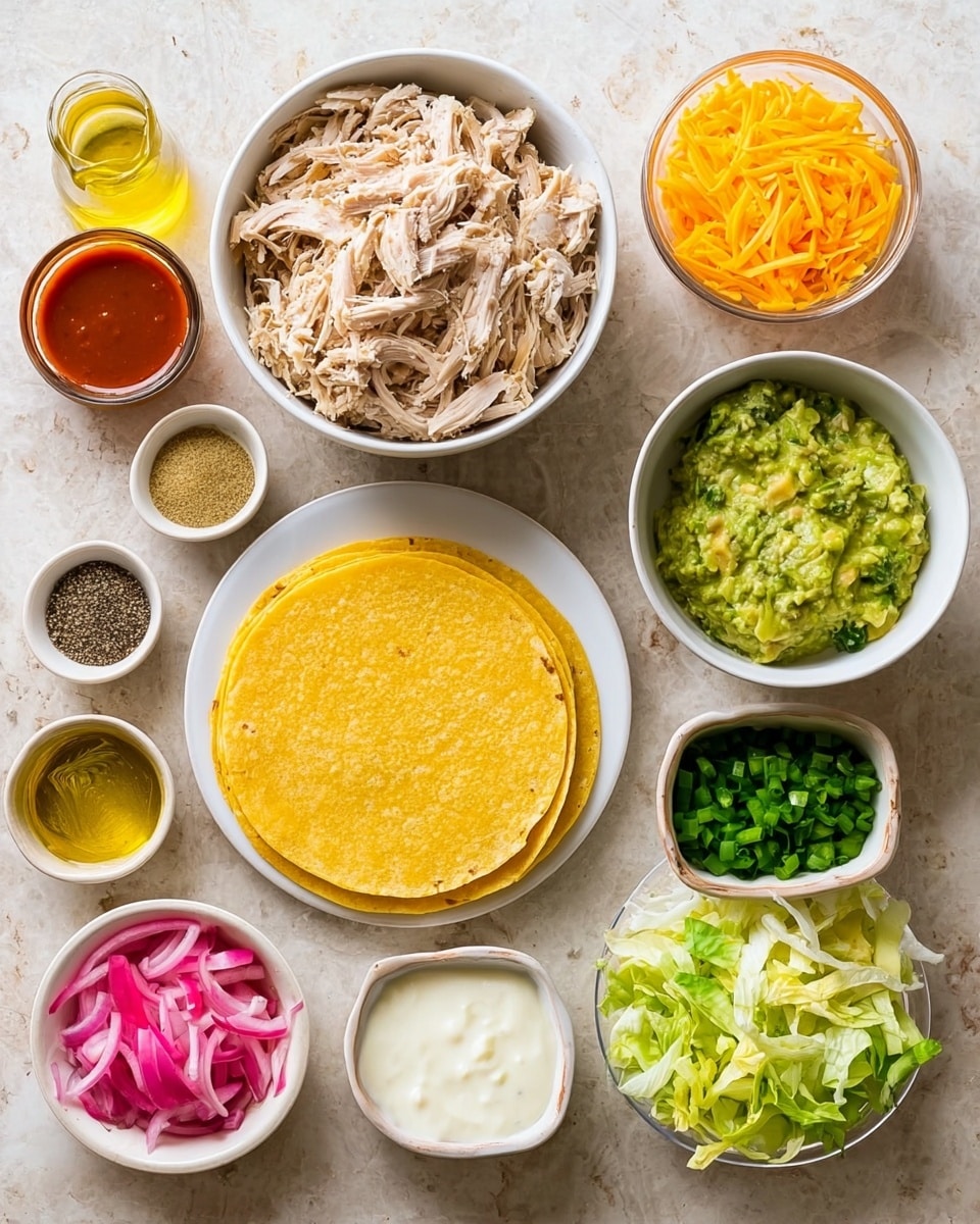 The image shows a white bowl filled with shredded light brown chicken in the top center, next to a stack of three yellow corn tortillas on a white plate on the right. Surrounding these are small white bowls containing various ingredients: at the top right, finely chopped green onions, creamy green sauce, mashed green avocado, white sour cream, bright orange shredded cheddar cheese, chopped green lettuce, pickled pink onions, two small bowls at the top left with black pepper and a yellow spice, a small glass of red sauce, and a small glass of yellow oil. All items are arranged carefully on a white marbled surface. Photo taken with an iphone --ar 4:5 --v 7