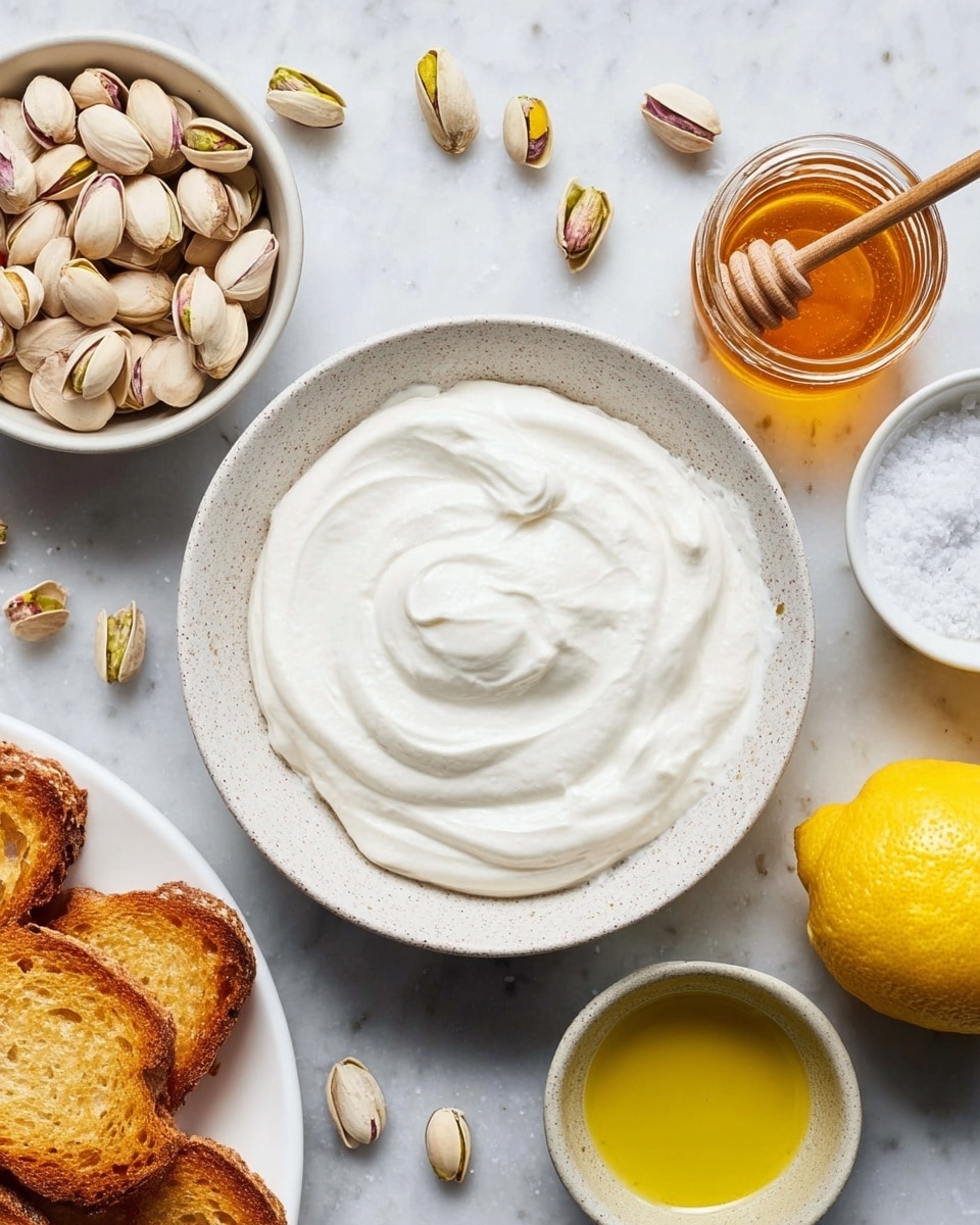 A top view of a white speckled bowl filled with smooth, thick, white creamy yogurt placed on a white marbled surface. Surrounding the bowl are a bowl of pale beige pistachios with open shells on the top left, a small glass jar of golden honey with a wooden dipper above the yogurt, a small white bowl of coarse salt on the right, a vibrant yellow lemon, and a clear jar of olive oil with a silver spoon inside near the lemon. At the bottom left, a white plate holds several pieces of golden brown toasted bread with a crunchy texture. photo taken with an iphone --ar 4:5 --v 7