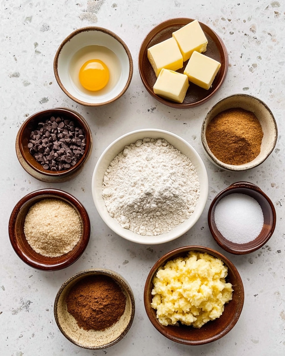 The image shows eleven small bowls with baking ingredients arranged on a white marbled surface. At the center, there is a white bowl filled with flour. Around it, clockwise from top left, are brown bowls of dark chocolate chips and brown sugar; a brown bowl with four pieces of butter; a white bowl containing a single egg yolk; a small clear bowl with white sugar; a small brown bowl with coarse salt; another small brown bowl with baking soda; a brown bowl of ground cinnamon; a small glass bowl with mashed bananas; a very small brown bowl with salt; and lastly, a tiny white bowl holding vanilla extract. All the bowls are neatly placed and the colors of the ingredients range from white, yellow, brown, to dark brown. photo taken with an iphone --ar 4:5 --v 7