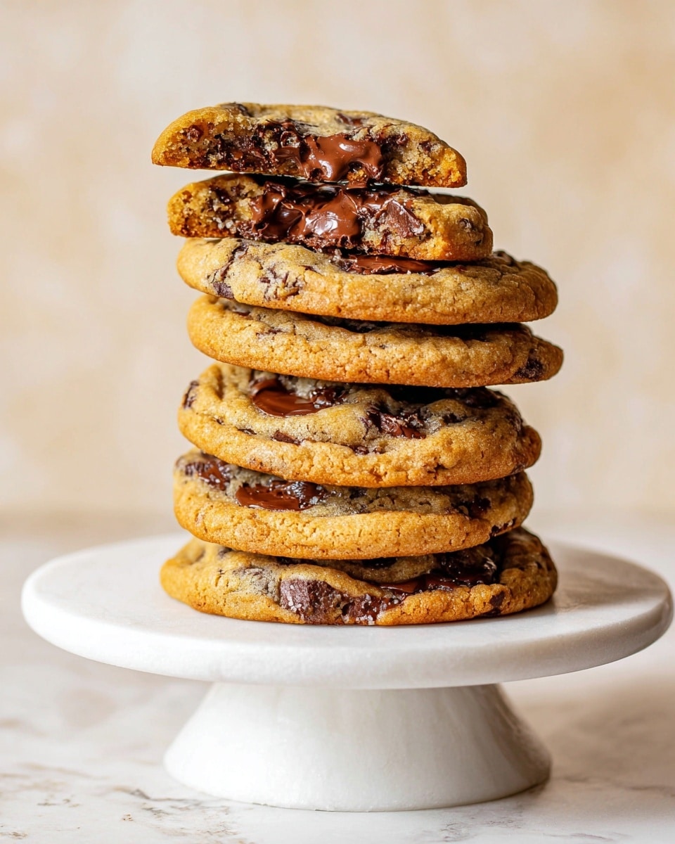 A stack of seven chocolate chip cookies is shown on a white cake stand with a smooth texture. The cookies are golden brown with darker edges and have melted chocolate chips visible throughout. The top cookie is broken in half, revealing a soft, gooey inside with rich, dark chocolate melting out. Each cookie layer has a slightly rough, chewy texture with some flatness and a few cracks on the surface. The background is a soft, light beige color, and the surface under the cake stand has a white marbled texture. Photo taken with an iphone --ar 4:5 --v 7