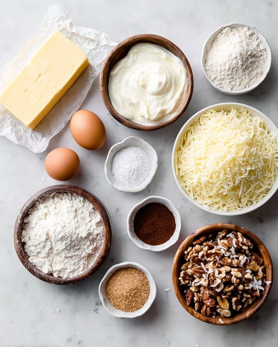The image shows a white marbled surface with several white and wooden bowls and two eggs arranged in a semi-circle. There are two blocks of butter wrapped in paper on the left side next to a bowl of thick white cream. Above the cream is a bowl filled with powdered white flour. To the right of the flour is a wooden bowl with shredded white cheese piled high, and below it, a small white bowl contains small white powder. Next to the cheese is a small white bowl of dark brown powder, and below it, another small white bowl holds a light brown powder. Centrally placed is a white bowl of brown sugar, and next to it is a wooden bowl with shredded toasted coconut. At the bottom right, a white bowl contains mixed chopped nuts. A woman's hand is partially visible in the bottom right corner lightly touching the brown sugar bowl. Photo taken with an iphone --ar 4:5 --v 7