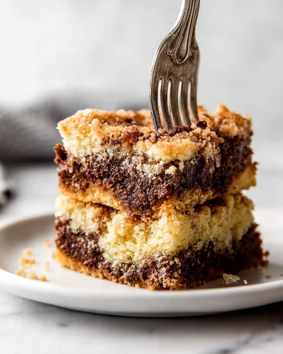 A close-up of a two-layer crumb cake on a white plate with a white marbled surface underneath. The bottom and middle layers are dark brown, moist, and rich in texture, likely a filling, while the top and bottom layers are light golden brown with a crumbly texture. A vintage silver fork is stuck into the top layer, showing some crumbs on its prongs. The background is softly blurred with a white and grey tone. Photo taken with an iphone --ar 4:5 --v 7