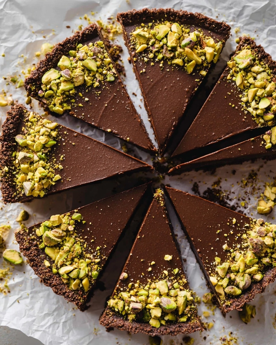 A round chocolate tart sliced into 10 pieces, with a smooth, dark chocolate filling layer and a slightly crumbly chocolate crust on the edges. The top edge of the tart is decorated with roughly chopped bright green pistachio nuts, some larger chunks and finer pieces, scattered unevenly mostly around the outer rim. The tart is placed directly on crumpled white parchment paper over a white marbled surface. Photo taken with an iphone --ar 4:5 --v 7