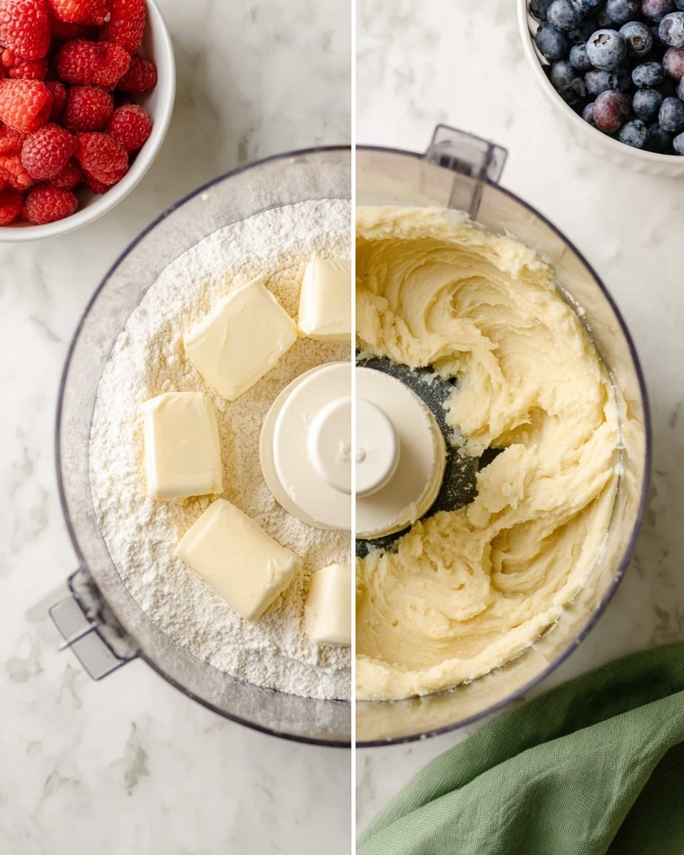 The image shows a clear round food processor bowl in two side-by-side views on a white marbled surface, with a green cloth nearby. On the left side, the bowl contains white flour with six pieces of pale yellow butter evenly spread on top, all arranged around the center blade. On the right side, the bowl has a thick, pale yellow dough mixture, smooth and creamy in texture, clinging around the blade and the sides of the bowl. In the top left corner of the left image, there is a glimpse of a white bowl filled with fresh red raspberries and dark blue blueberries. photo taken with an iphone --ar 4:5 --v 7