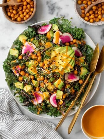 Kale Salad with Roasted Chickpeas, Carrot-Ginger Dressing, and Colorful Veggies Recipe