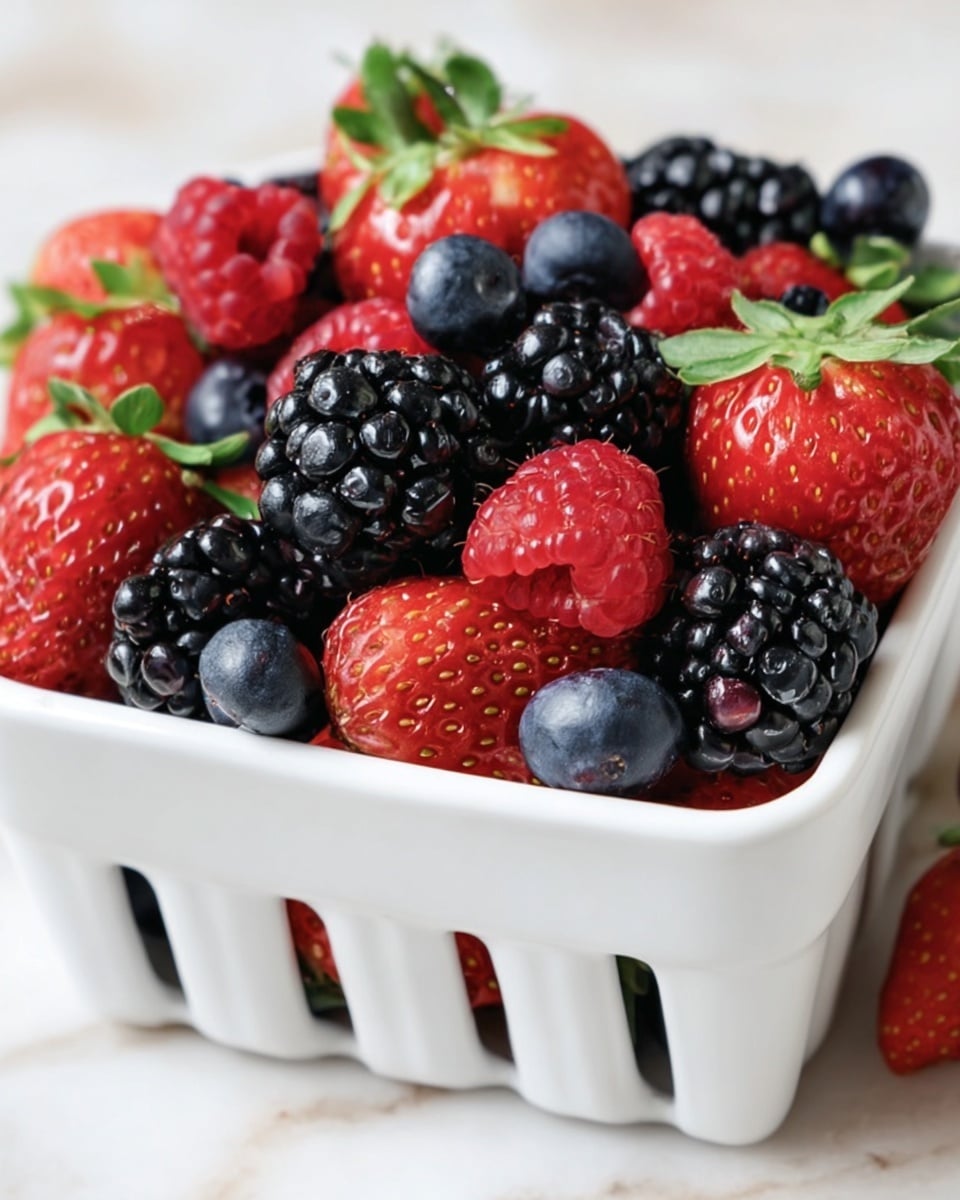 A white ceramic basket filled with a mix of fresh berries, including large blackberries, bright red raspberries, deep red strawberries with green leaves, and a few small blueberries scattered on top. The berries are placed closely together showing their natural shiny textures and rich colors. The background is a white marbled surface. photo taken with an iphone --ar 4:5 --v 7