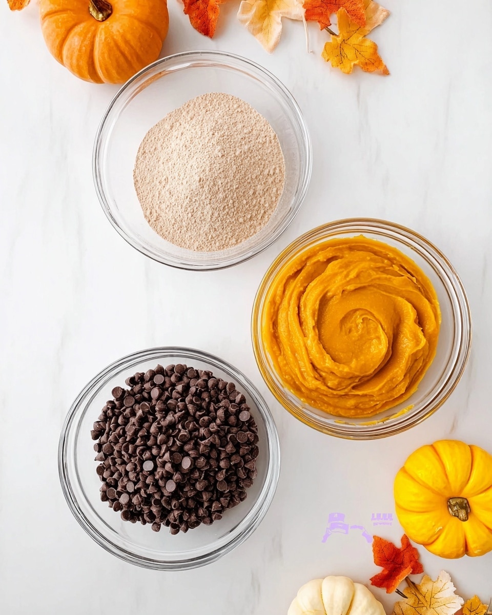 The image shows three clear glass bowls placed on a white marbled surface. The top bowl contains a light beige powder labeled as sweet cinnamon, the middle left bowl is filled with small dark brown mini chocolate chips, and the bottom right bowl has a smooth, bright orange puree labeled as pumpkin. Around the bowls, there are small decorative orange and yellow pumpkins and autumn leaves in soft colors. The overall look is bright and clean, with warm fall colors around the bowls. Photo taken with an iphone --ar 4:5 --v 7
