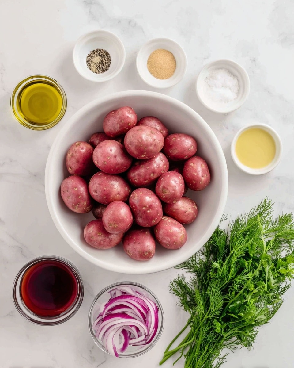The image shows a white bowl full of small red potatoes placed on a white marbled surface, surrounded by small white dishes and bowls holding various ingredients: a dark red liquid, olive oil, ground black pepper, salt, a beige powder, mustard, thinly sliced red onions in a clear bowl, a bunch of green parsley, and a sprig of dill. The ingredients are neatly arranged in a circular pattern around the bowl of potatoes. photo taken with an iphone --ar 4:5 --v 7