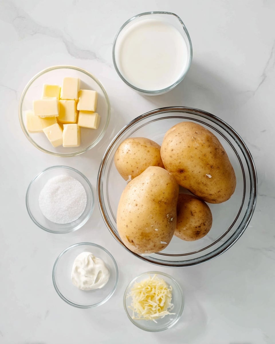 The image shows six raw potatoes with light brown skin, placed in a glass bowl with silver rim at the center on a white marbled surface. Around the bowl are five small glass containers: the top left has four cubes of pale yellow butter, the top right holds white milk, the bottom left contains white cream, the bottom middle holds fine white salt, and the bottom right has finely minced light yellow garlic. The setup is clean and bright with natural light. photo taken with an iphone --ar 4:5 --v 7