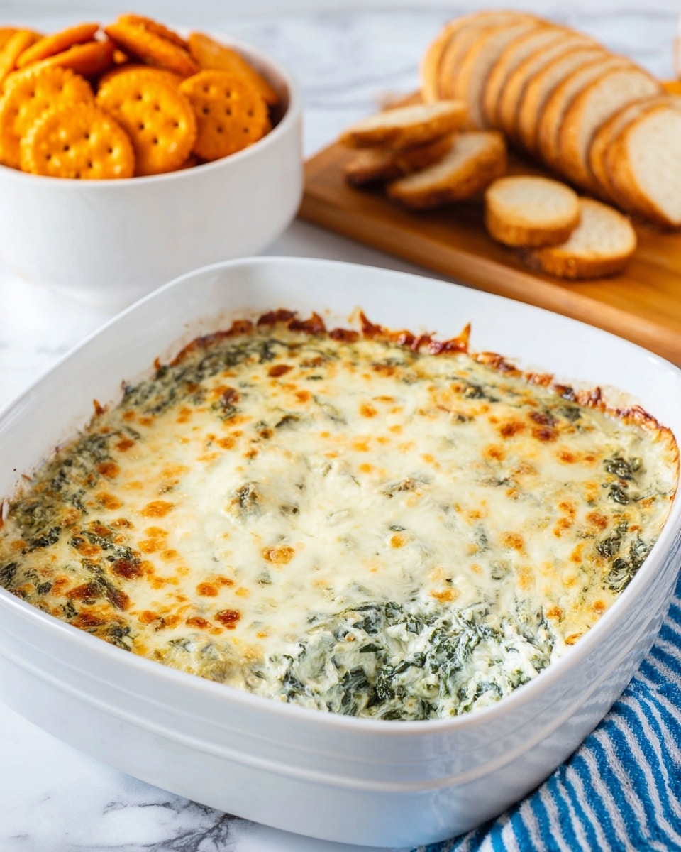 The image shows a white square baking dish filled with creamy spinach dip, topped with a layer of melted cheese that is golden brown and slightly bubbly in spots; underneath, you can see the green spinach mixed into a white, creamy base with a smooth texture. In the background, there is a white bowl with round orange crackers, and a stack of sliced bread on a wooden board, all placed on a white marbled surface. A blue and white striped cloth is partially visible near the dish. photo taken with an iphone --ar 4:5 --v 7