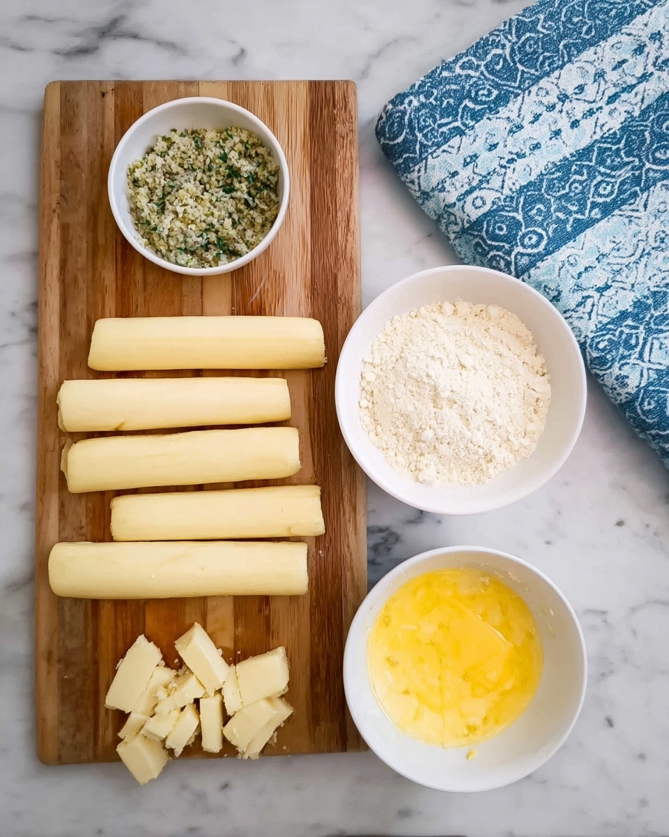 The image shows a wooden cutting board placed on a white marbled surface. On the board, there are several pale yellow cheese sticks, some whole on the left side and some cut in halves, arranged in two rows in the middle. Above the cutting board, there are three white bowls lined up horizontally; the left bowl contains a crumbly herb mixture with green flecks, the middle bowl holds whisked yellow eggs, and the right bowl is filled with a pile of light beige flour. To the far right of the frame, a blue towel with white patterns lies folded on the marble surface. Photo taken with an iphone --ar 4:5 --v 7