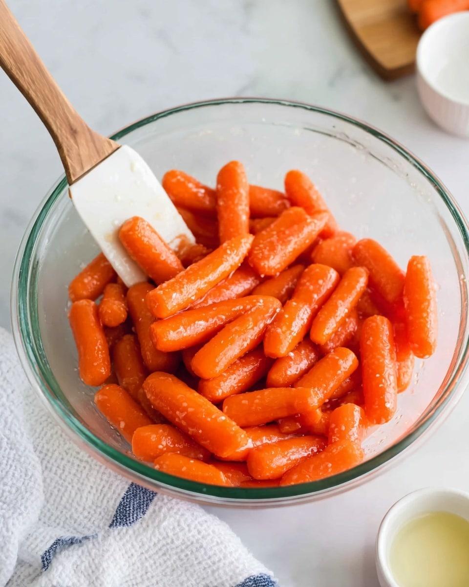 A clear glass bowl filled with bright orange baby carrots coated lightly with a glossy glaze, placed on a white marbled surface. A white spatula with a wooden handle rests inside the bowl, slightly lifting some carrots. To the right of the bowl is a small white bowl and to the lower left is a white cloth towel with a thin blue stripe. The scene is bright and clean with natural lighting, showing texture on the carrots and gloss on the spatula. Photo taken with an iphone --ar 4:5 --v 7