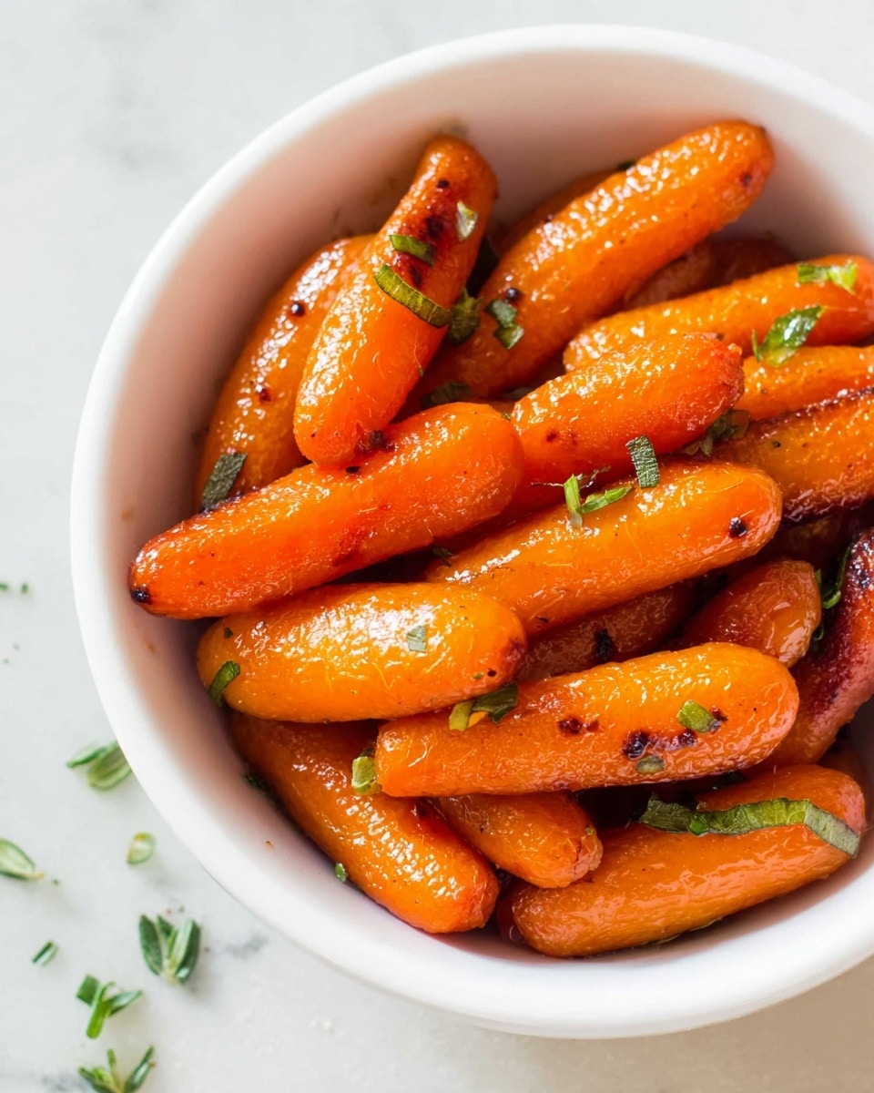 A white plate holds a pile of roasted baby carrots, stacked in two main layers with some carrots overlapping each other. Each carrot is a deep orange color with a shiny, slightly caramelized texture that shows some dark brown spots from roasting. Small green leaves of fresh herbs are scattered over the carrots, adding a bright green contrast. The plate sits on a white marbled surface with a blurred background, giving a clean and fresh look. photo taken with an iphone --ar 4:5 --v 7