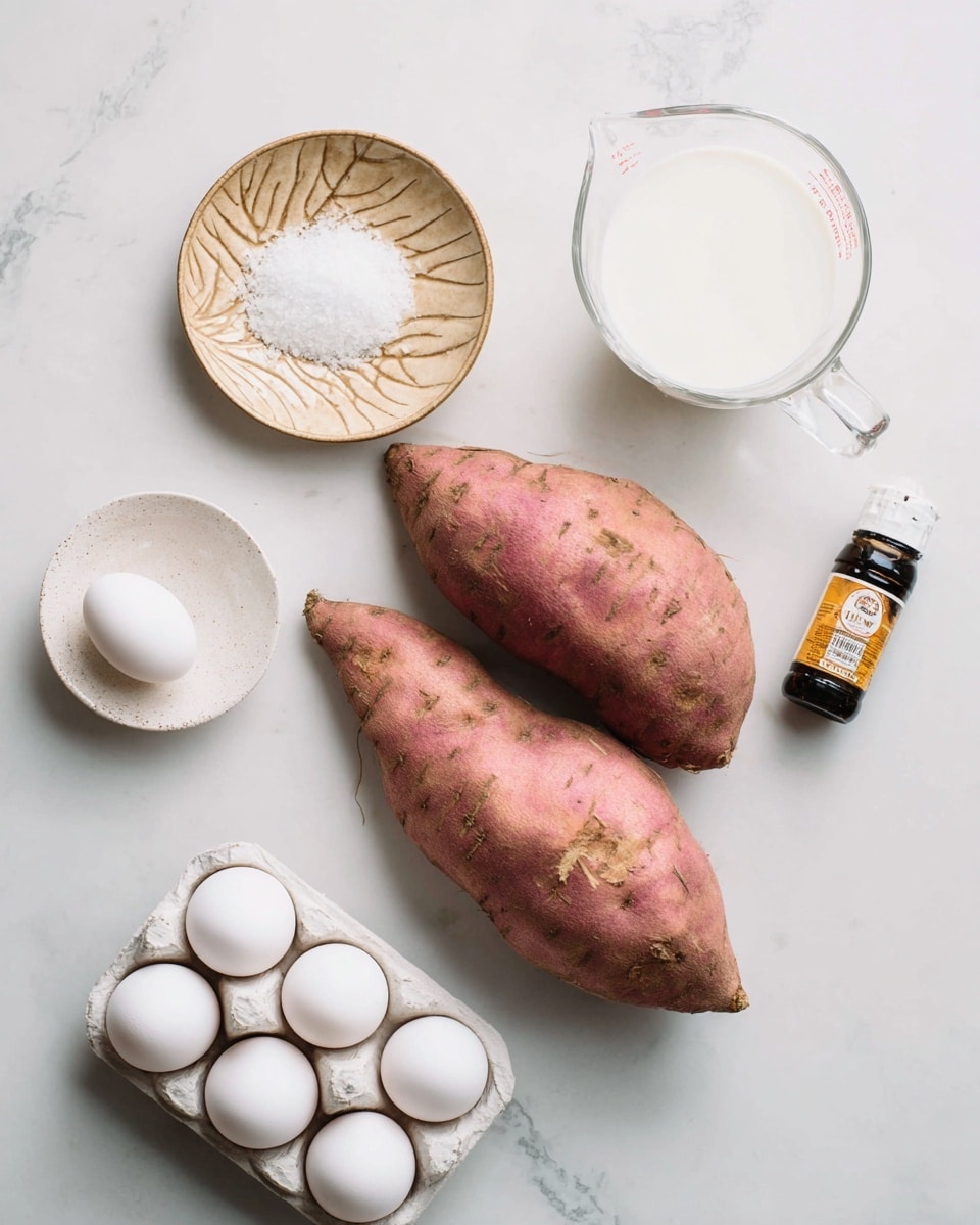 The image shows two rough, reddish-brown sweet potatoes with some spots of dirt on a white marbled surface, placed near a small round beige plate with a pile of coarse white salt. To the right, there is a white cup filled with white sugar and a clear measuring cup filled with cream. Below, there is a small bottle of vanilla extract with a yellow label. Four white eggs rest in a white egg tray at the bottom left of the image. photo taken with an iphone --ar 4:5 --v 7