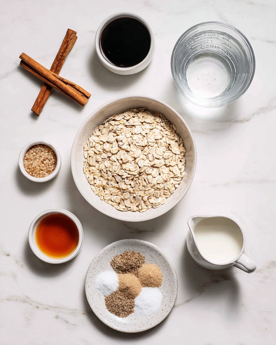 A white bowl filled with light beige rolled oats sits in the center of a white marbled surface, surrounded by six small white bowls and containers arranged in a loose circle. At the top left are two cinnamon sticks crossing each other. Above the oats, a white bowl holds dark brown liquid, while a clear glass measuring cup to the right contains water. Below the measuring cup, a small white bowl has a dark amber liquid. At the bottom left, another white bowl is filled with light brown sugar, and at the bottom right, a small plate holds a mixture of various ground spices in shades of light brown, medium brown, and white. A small white jug filled with a white liquid is placed between the cinnamon and dark brown liquid bowl. Photo taken with an iphone --ar 4:5 --v 7