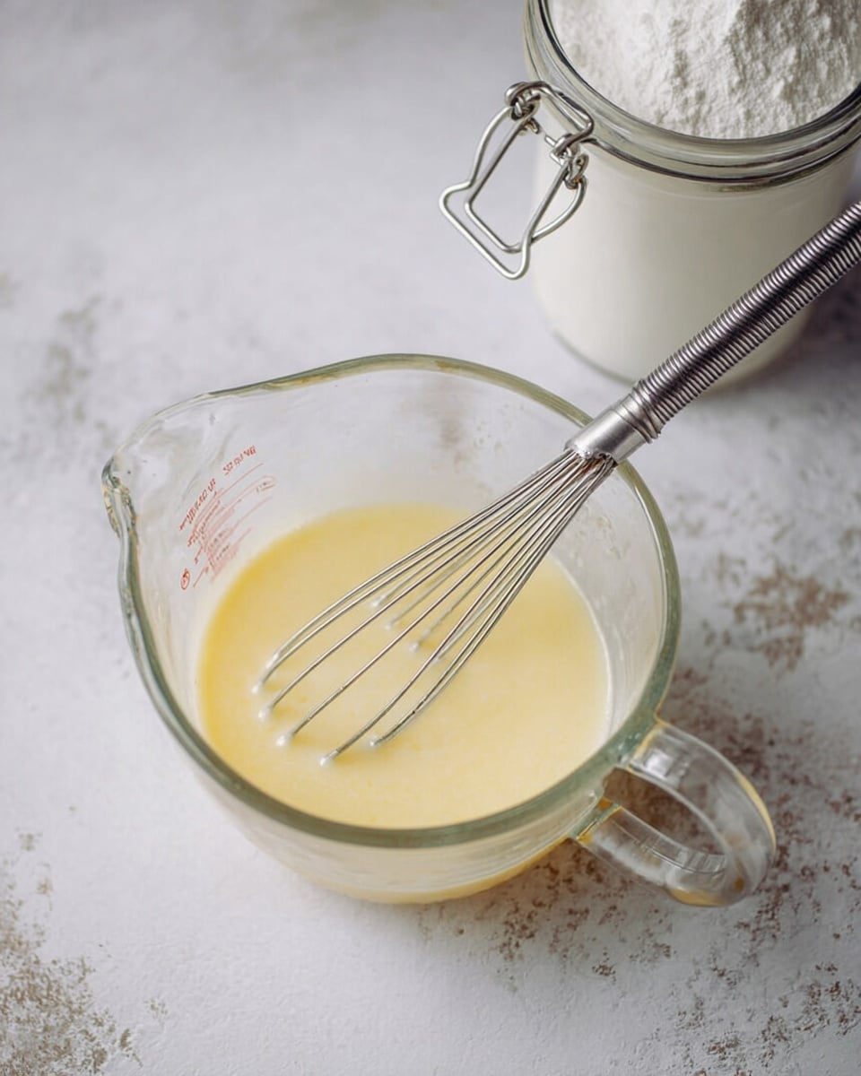 A glass measuring cup sits on a white marbled surface filled with a smooth, pale yellow liquid batter that looks slightly thick. Inside the cup, a silver metal whisk rests with the handle leaning on the cup's edge on the right side. In the top right corner, there is a white jar with a metal clasp lid, slightly blurred, holding a white powdery substance, likely flour or sugar. The overall setting is bright with soft natural light, showing a clean and simple baking preparation scene photo taken with an iphone --ar 4:5 --v 7