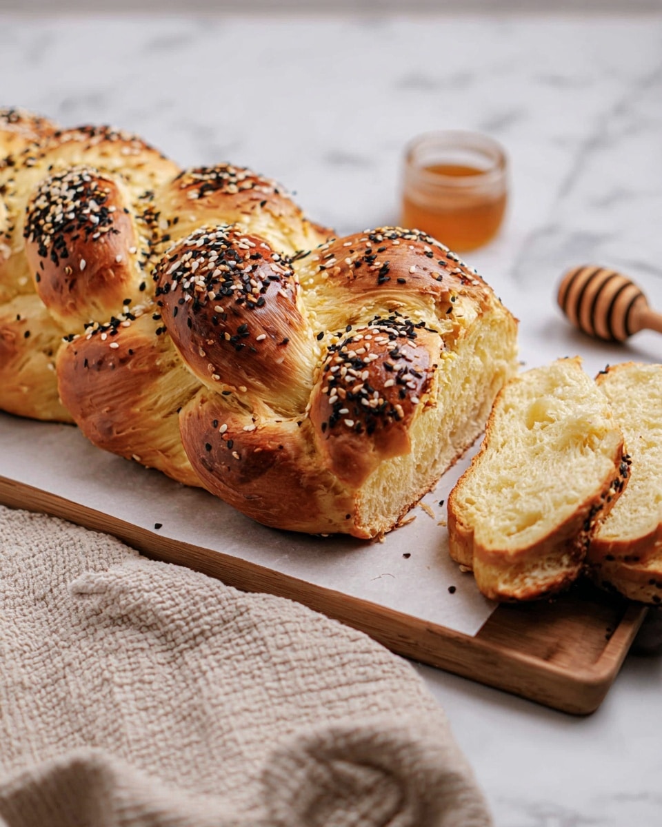 A braided loaf of bread sits on a wooden board lined with white paper over a white marbled surface, with the bread topped generously with white and black sesame seeds. The loaf has a shiny, golden-brown crust and a soft, light yellow inside, visible in the sliced piece on the right side. In the background, there is a small container with a honey dipper resting on its side. A beige textured cloth is placed near the bottom edge of the image. Photo taken with an iphone --ar 4:5 --v 7