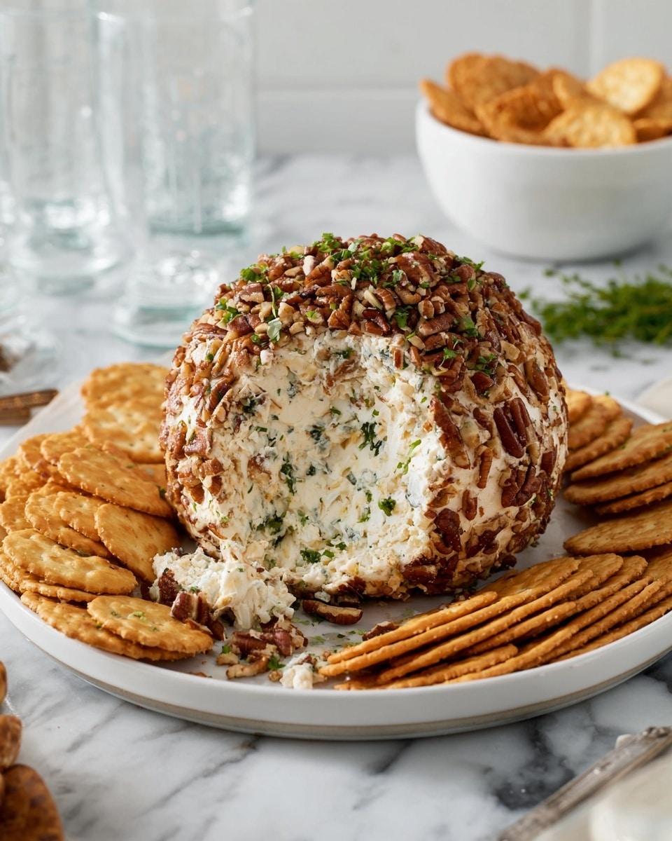 A large round cheese ball covered with chopped pecans and small green herb pieces sits in the middle of a white plate. The ball has a bite taken out of it, showing a creamy white cheese mix with more green herbs inside. Around the cheese ball there are two layers of crackers: the inner layer is round, golden brown crackers, and the outer layer is longer rectangular crackers with a darker brown color and a rough texture; some have small herb bits on them too. The plate is on a white marbled surface, with some glass cups and a white bowl with more crackers blurred in the background. photo taken with an iphone --ar 4:5 --v 7