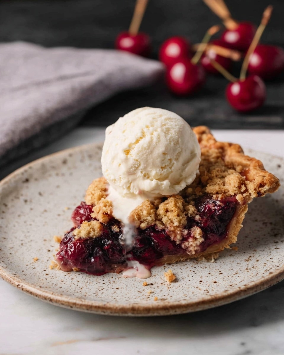 A cherry crumble pie is shown in a clear glass pie dish, with one large slice missing on the right side. The pie has three visible layers: a golden brown thick crust on the bottom and edges, a deep red cherry filling with some visible whole cherries in the middle, and a crumbly, light golden brown topping with uneven chunks covering the filling. Around the pie dish, there are scattered crumbs. In the background, there is a stack of white plates with a gray cloth napkin and two silver spoons on top, set on a white marbled surface. Photo taken with an iphone --ar 4:5 --v 7