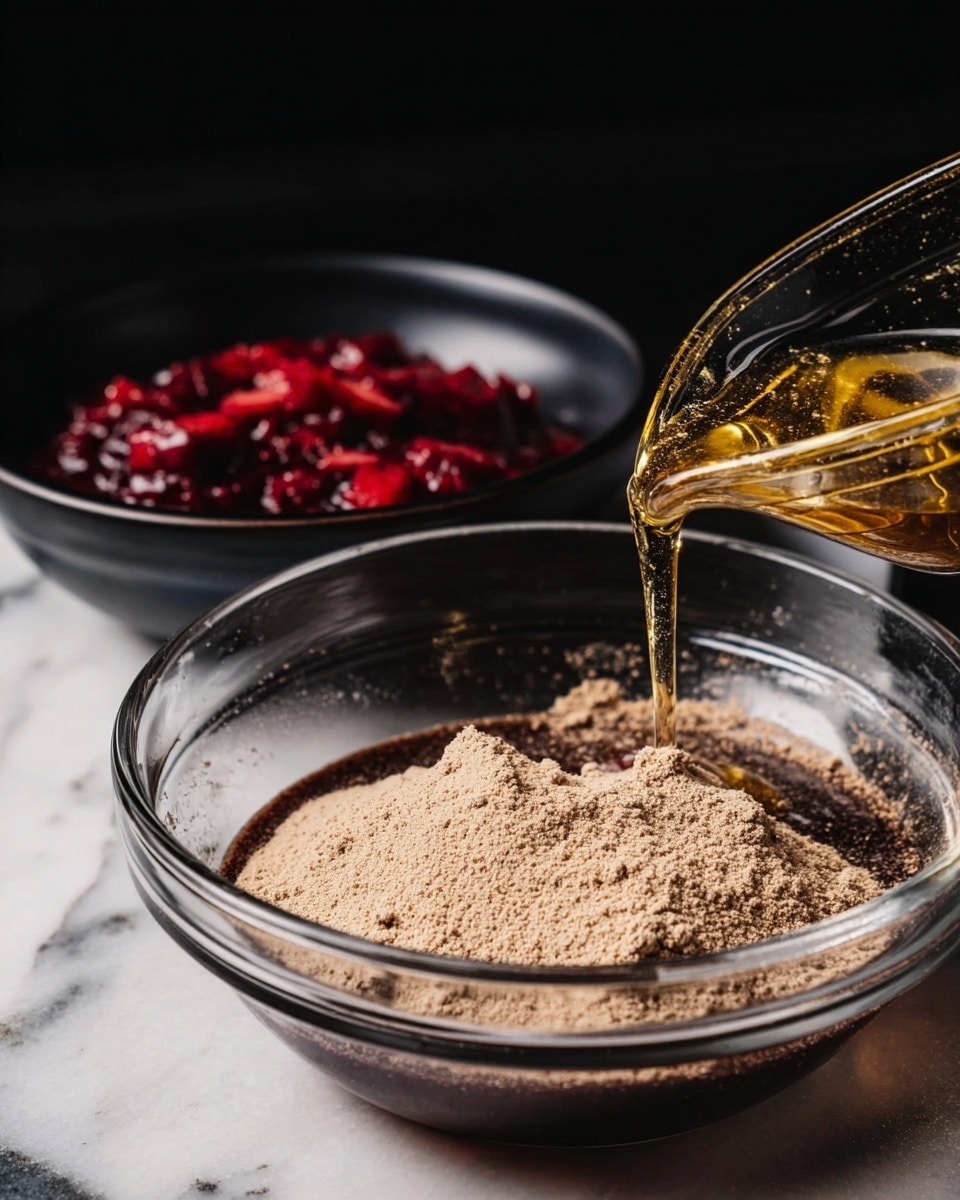 A clear glass bowl holds a mound of light brown powder, with a golden liquid being poured on top, creating foam that spreads around the edges. Behind it, there is a black bowl filled with a deep red mixture containing small fruit pieces. Both bowls sit on a white marbled surface. The scene is closely framed, with a dark background that emphasizes the textures and colors in the bowls. photo taken with an iphone --ar 4:5 --v 7