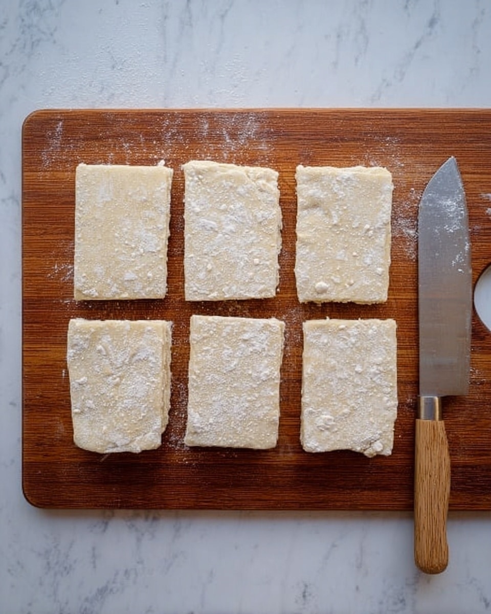 The image shows six rectangular sheets of dough arranged in two rows of three on a brown wooden cutting board. Each sheet is light beige with some white flour spots on the surface, giving a slightly powdery texture. To the right of the dough sheets, there is a large knife with a wooden handle resting on the cutting board. The background surface is a white marbled texture. photo taken with an iphone --ar 4:5 --v 7
