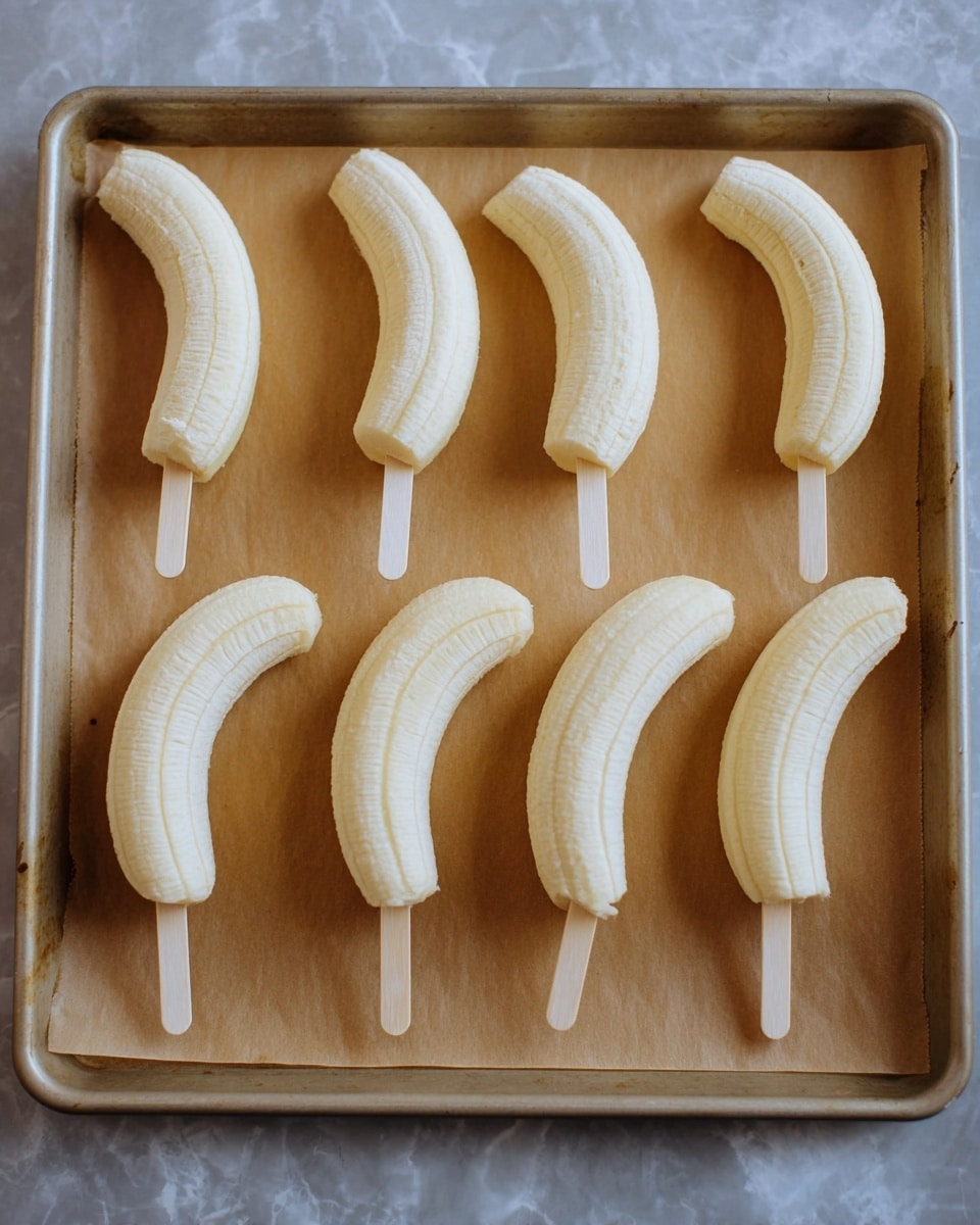 The image shows six peeled bananas on white sticks placed on a baking tray lined with brown paper. Each banana is whole and curved, with the sticks inserted into the bottom ends. The bananas are evenly spaced in two rows of three on the tray. The background surface has a white marbled texture. Photo taken with an iphone --ar 4:5 --v 7
