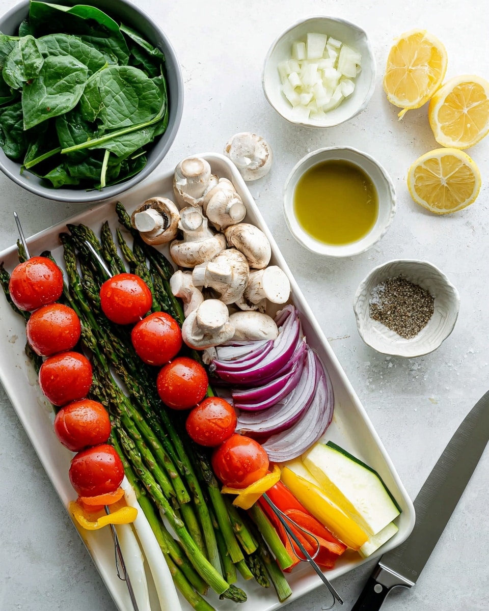 A white tray holds two metal skewers with layers of cherry tomatoes, white mushroom halves, and quartered red onions. Alongside the skewers, the tray contains layers of fresh green asparagus stalks, whole white onion pieces, sliced yellow and red bell peppers, and sticks of peeled zucchini. To the left of the tray, a grey bowl is filled with fresh green spinach leaves. Above the tray, whole garlic cloves and a small white bowl of chopped onions are visible. To the right, two small white bowls hold olive oil and a coarse salt and pepper mix. In the bottom right corner, there is a stainless knife next to lemon wedges on a white marbled surface. Photo taken with an iphone --ar 4:5 --v 7