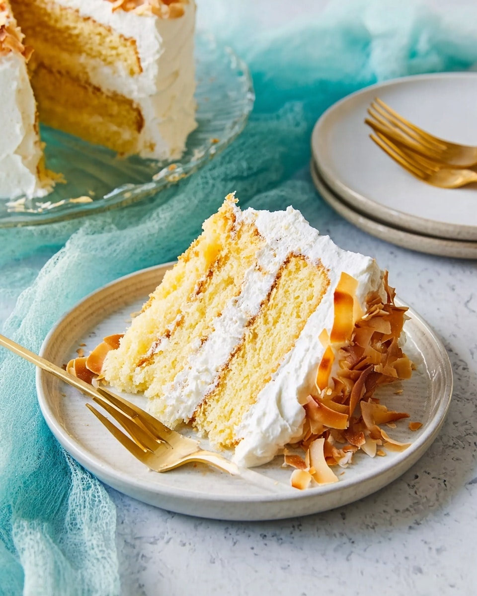 A white plate holds a slice of three-layer yellow cake with white frosting between each layer and on top. The cake slice is decorated with golden brown toasted coconut flakes on the side edges. A gold fork rests on the plate next to the slice. In the background, there is a glass plate holding the rest of the frosted cake and a second white plate with a golden fork on a white marbled surface, along with a light blue sheer cloth. The scene is bright and evenly lit, photo taken with an iphone --ar 4:5 --v 7