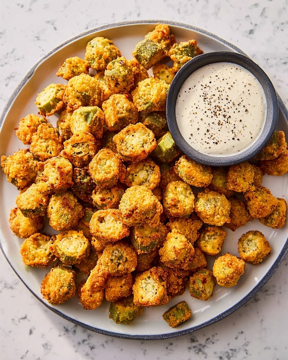 A large white plate holds a heap of small, golden-brown fried bites that are round and irregular in shape, showing bits of green inside, likely fried okra. They have a crunchy texture with some darker golden spots. In the center of the plate, there is a small bowl filled with a creamy white sauce sprinkled with black pepper. The plate is set on a surface with a white marbled texture. photo taken with an iphone --ar 4:5 --v 7