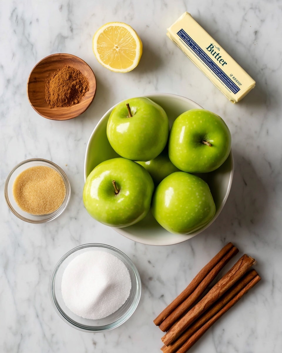 The image shows a white bowl full of seven shiny green apples with smooth skin stacked inside. Above the bowl, there is a lemon cut in half showing its yellow inside and texture. To the left of the bowl, a small round wooden plate holds brown cinnamon powder. Below this plate, a clear glass bowl contains white sugar. Below the sugar bowl is another clear glass bowl filled with light brown sugar. To the right of the brown sugar and below the lemon halves, there is a stick of salted butter in its wrapper with blue text. At the bottom right, two long brown cinnamon sticks with rough texture lie side by side. All items rest on a white marbled textured surface. Photo taken with an iphone --ar 4:5 --v 7
