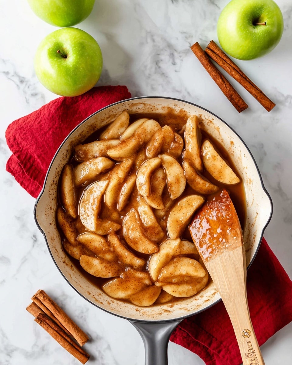 A white textured plate holds a stack of soft, golden-brown apple slices cooked in syrup, arranged in a slightly overlapping layer. On top of the apples sits a round scoop of white ice cream, with caramel-colored sauce drizzling down its sides and mixing with the syrup underneath. The plate rests on a red cloth over a white marbled surface. Nearby, there are whole cinnamon sticks and a green apple partially visible, while in the background, additional apple slices are placed in a white dish and a white pan. Photo taken with an iphone --ar 4:5 --v 7