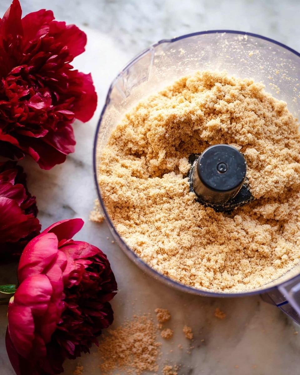 A clear plastic food processor bowl is filled with a light brown crumbly mixture with small chunks and a coarse texture, filling about half of the bowl. The bowl is placed on a white marbled surface with some crumbs scattered around it. To the left of the bowl, there are three deep red peony flowers with layered petals, adding a rich color contrast to the scene. The photo is close-up and well-lit, showing texture details clearly. photo taken with an iphone --ar 4:5 --v 7