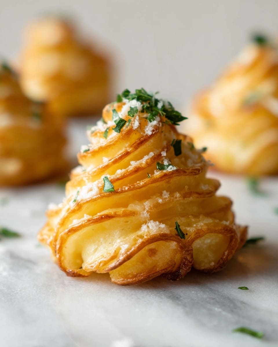 The image shows a close-up of a small, golden-brown, piped potato mound with softly browned edges and a light, fluffy texture. It has multiple delicate layers swirled upward in a conical shape, topped with small green parsley leaves and a light sprinkle of white grated cheese. The potato mound sits on a smooth white marbled surface, with blurred similar mounds in the background. The lighting is soft and natural, highlighting the warm colors and crisp texture. Photo taken with an iphone --ar 4:5 --v 7