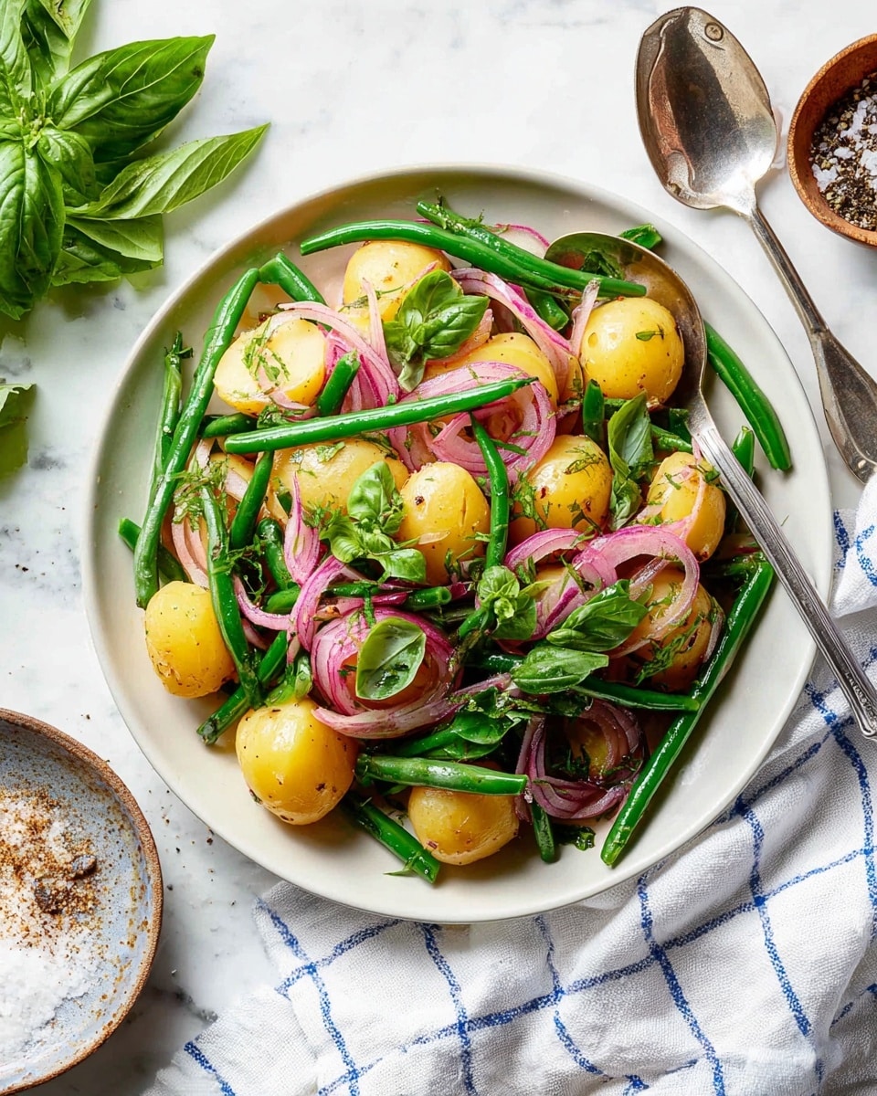 A close-up view of a white plate filled with a fresh salad showing three layers: at the bottom, halved small yellow potatoes with a smooth texture; the middle layer has long, whole green beans placed around and between the potatoes; on top, thin slices of pinkish-red onions and scattered fresh green basil leaves add color and texture. The plate is placed on a white marbled surface with a silver spoon beside it, a small bowl with salt and pepper mix on the side, and some green basil leaves to the top left. A white cloth with a blue grid pattern lies partially under the plate. photo taken with an iphone --ar 4:5 --v 7