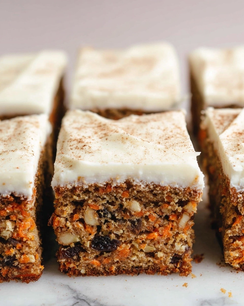 The image shows a close-up view of three thick rectangular pieces of carrot cake placed side by side on a white marbled surface. Each piece has two layers: the bottom layer is a moist, dense cake with visible bits of grated carrot, dark raisins, and small nut pieces, all in a light brown color with a slightly crumbly texture. The top layer is a thick, smooth, white cream cheese frosting, evenly spread and slightly textured with soft peaks, with a light dusting of cinnamon powder on parts of the frosting. The pieces are neatly cut and aligned closely, showing clear separation lines between each slice. photo taken with an iphone --ar 4:5 --v 7