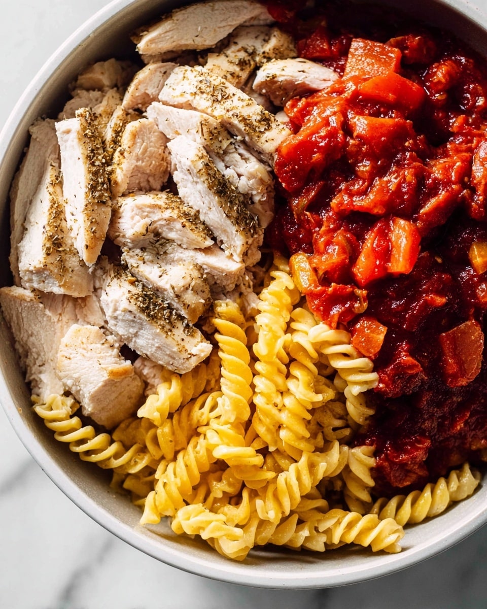 The image shows a close-up of a dish in a white bowl placed on a white marbled surface. The dish has three main layers side by side: on the left, there are light brown slices of cooked chicken with visible seasoning; in the middle layer, yellow spiral pasta with a firm texture; and on the right, a thick red tomato sauce with chunks of cooked tomato and spices. The colors contrast well with each other, and the details of each ingredient are clear. Photo taken with an iphone --ar 4:5 --v 7