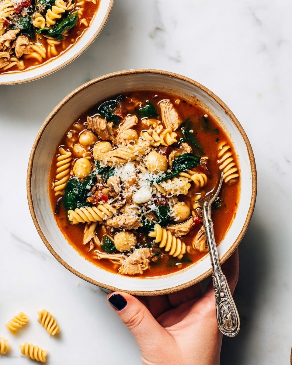 A white bowl with a brown rim is filled with a soup featuring three layers: the bottom layer is a rich reddish-brown broth; the middle layer has yellow spiral pasta and small round pasta pieces, along with chunks of light tan cooked chicken; the top layer is garnished with dark green leafy spinach and some grated white cheese sprinkled over. A silver spoon with an ornate handle rests inside the bowl. A woman’s hand with dark nail polish holds the bowl on a white marbled surface, with another bowl partially visible at the top left corner and a few scattered small pasta pieces on the surface. photo taken with an iphone --ar 4:5 --v 7