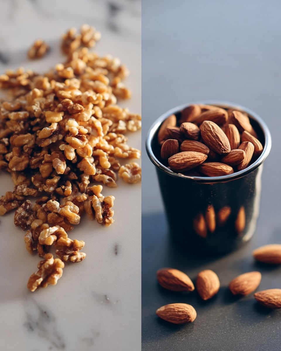 The image shows two close-up photos side by side on a white marbled surface. On the left side, there is a large pile of small, light brown walnut pieces scattered loosely, with varied textures showing the wrinkled surface typical of walnuts. On the right side, a small shiny black metal cup is filled to the top with whole almonds, which are smooth and brown with a few almonds scattered around the base of the cup on the white marbled surface. The lighting is soft, highlighting the nuts' natural colors and textures. Photo taken with an iphone --ar 4:5 --v 7