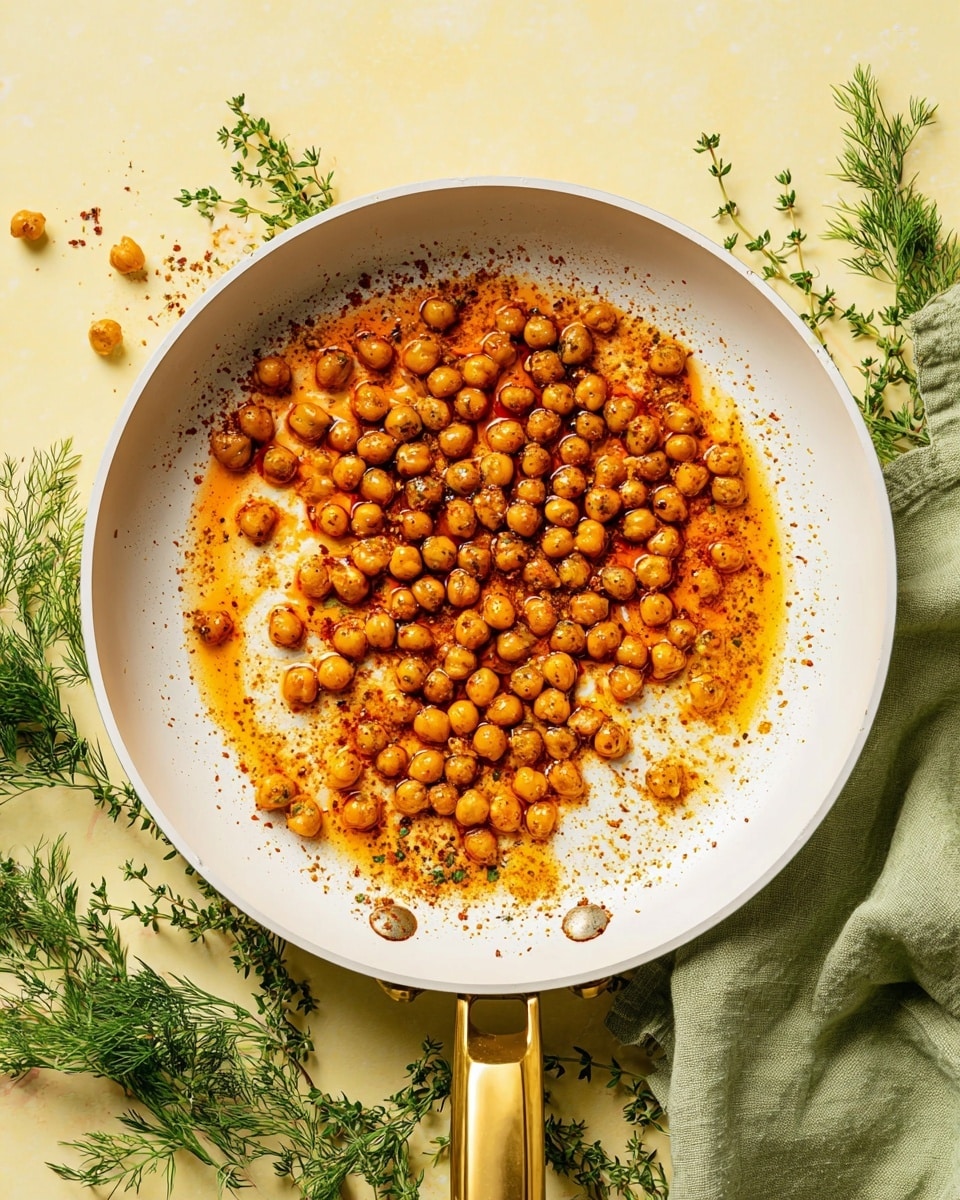 A white frying pan holds one layer of golden brown chickpeas covered in bright orange-red oil and spices, spreading unevenly across the surface. The chickpeas are small, round, and shiny, clustered mainly in the center and spreading outward, with specks of seasoning stuck to them and scattered around the edges of the pan. The pan has a gold-colored handle resting over a green cloth on a pale yellow background with sprigs of fresh green herbs scattered around. Photo taken with an iphone --ar 4:5 --v 7