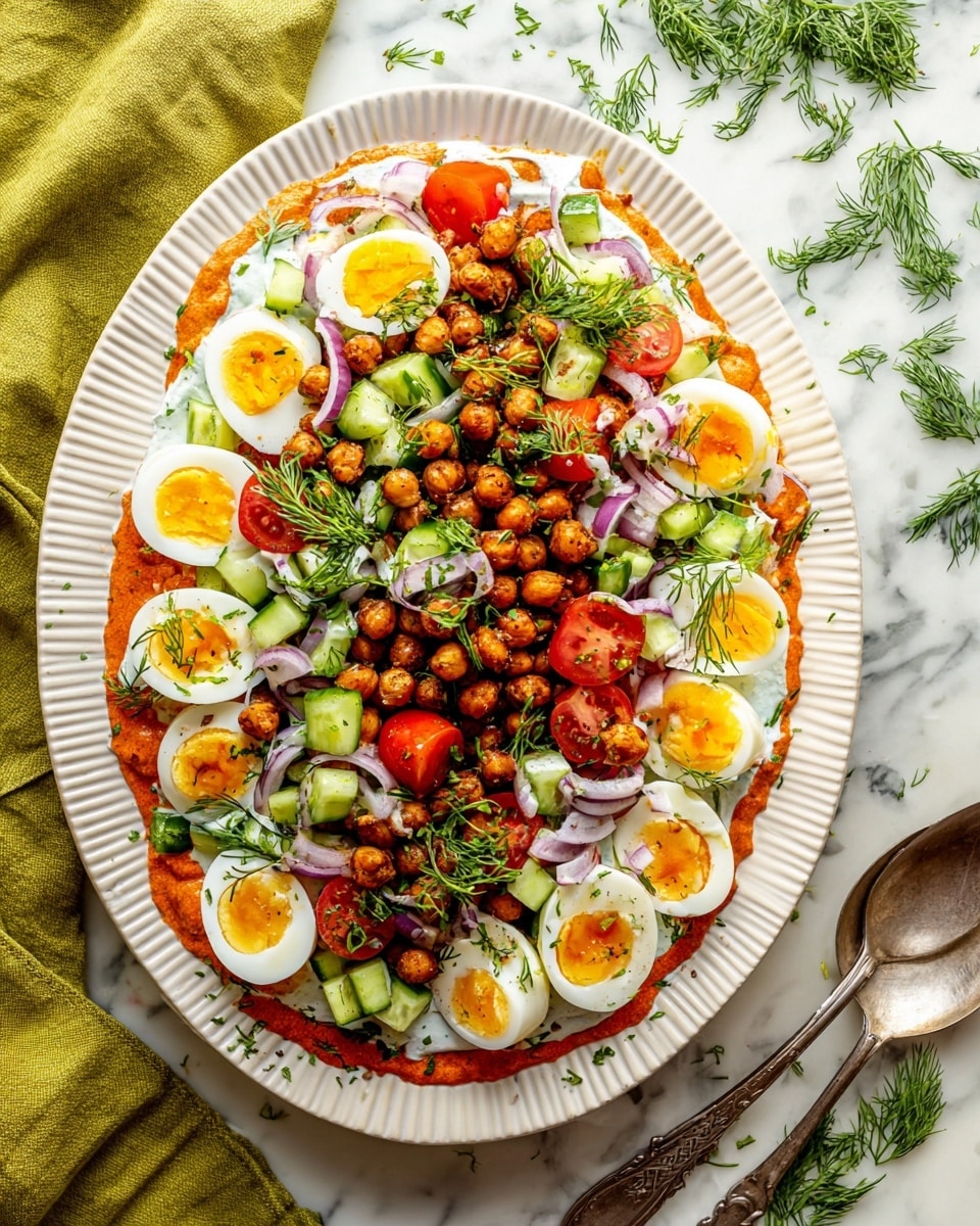 A large white plate with ridged edges holds a colorful layered salad. The bottom layer is a creamy white sauce spread thickly, topped by a slightly spread red-orange sauce that edges around the plate. Above this are roasted brown chickpeas scattered generously. On top of the chickpeas, halved bright red cherry tomatoes, cubed green cucumbers, and thin slices of light purple onions are spread evenly. There are six halved soft-boiled eggs with shiny white and bright orange yolks placed evenly around the plate. The salad is finished with sprinkled chopped green herbs and small sprigs of dill, adding a fresh touch and a mix of colors. The plate sits on a white marbled surface, next to a silver spoon and a green cloth, with some scattered herbs around. Photo taken with an iphone --ar 4:5 --v 7