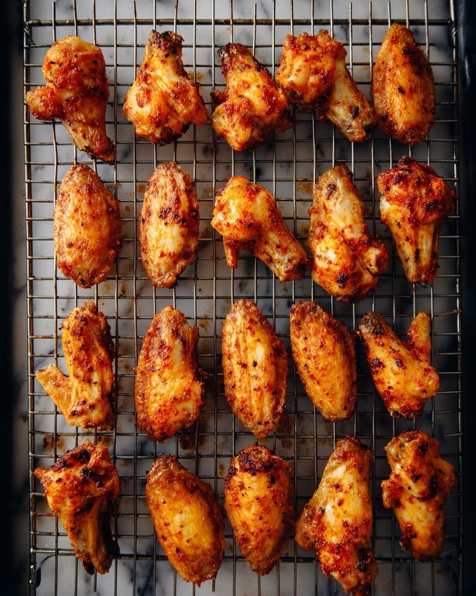 The image shows a rack full of cooked chicken wings arranged in neat rows on a black wire rack placed over a white marbled surface. The chicken wings have a golden-brown color with a slightly crispy texture and scattered dark spice spots, giving a well-seasoned look. The lighting highlights the uneven crispy edges and juicy interior of the wings. No other items or garnishes are visible in the image. photo taken with an iphone --ar 4:5 --v 7