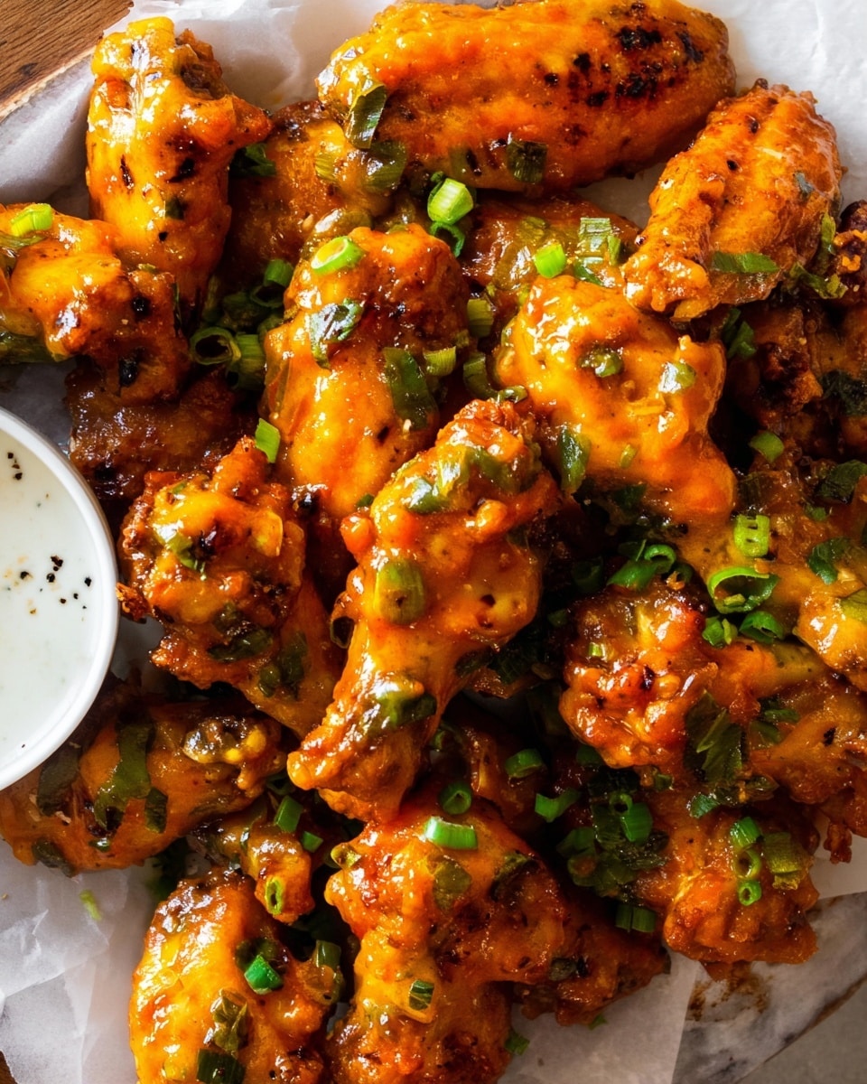 A close-up of a large pile of golden orange chicken wings covered in a shiny sauce with small green chopped scallions sprinkled all over. The wings are piled on white paper resting on a white plate, with a small side of white ranch sauce with black pepper specks visible near the edge of the plate. The background is a white marbled surface. photo taken with an iphone --ar 4:5 --v 7