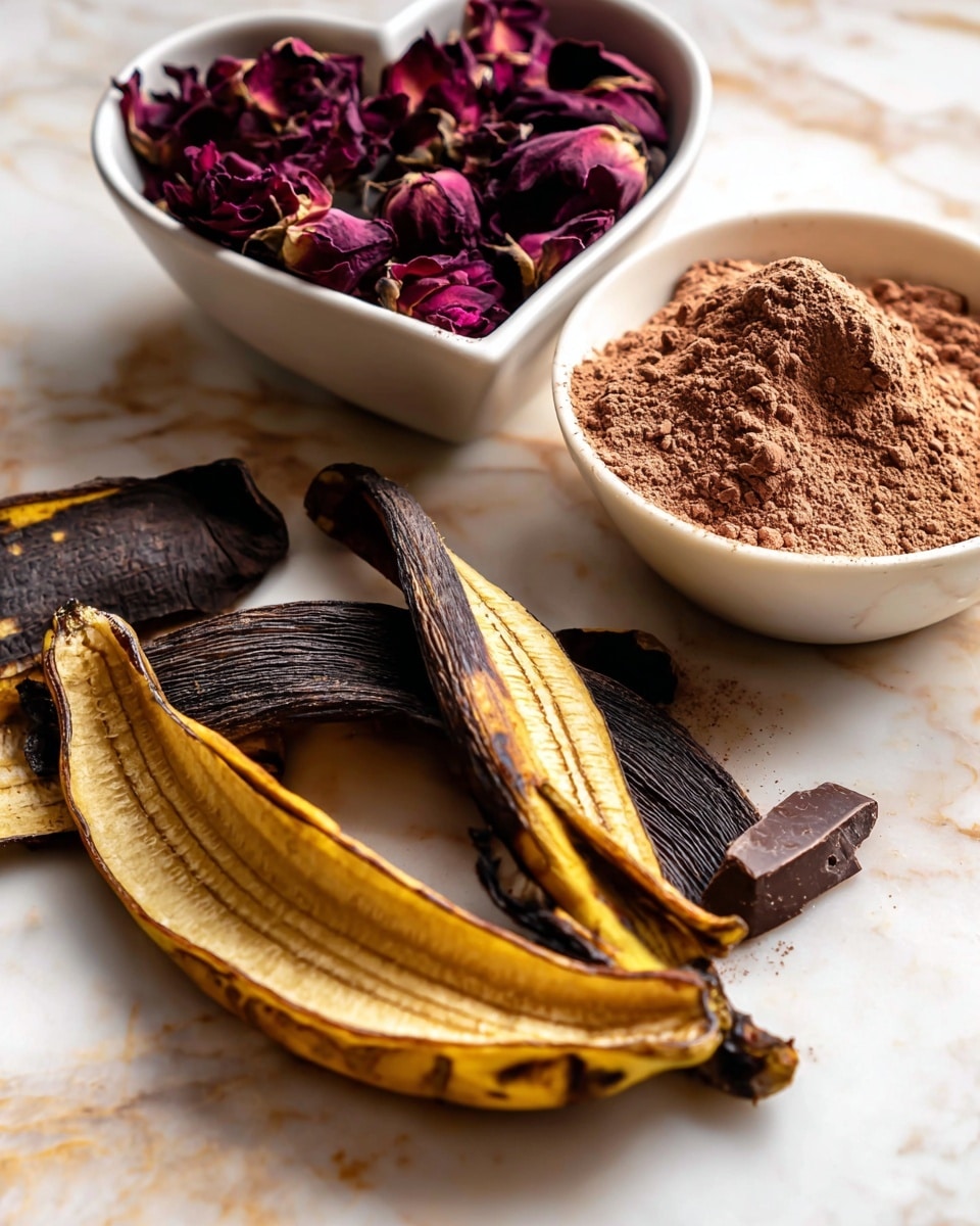 The image shows a close-up of several dark brown and yellowish banana peels placed on a white marbled surface. Behind them is a white heart-shaped bowl filled with dark red dried rose petals. To the right, there is another white bowl containing a brown powder, likely cocoa or chocolate powder, with a chunk of dark chocolate partially buried in it. The textures vary from the smoothness of the banana peels to the roughness of the dried petals and powder, all set against the elegant white marbled background. photo taken with an iphone --ar 4:5 --v 7
