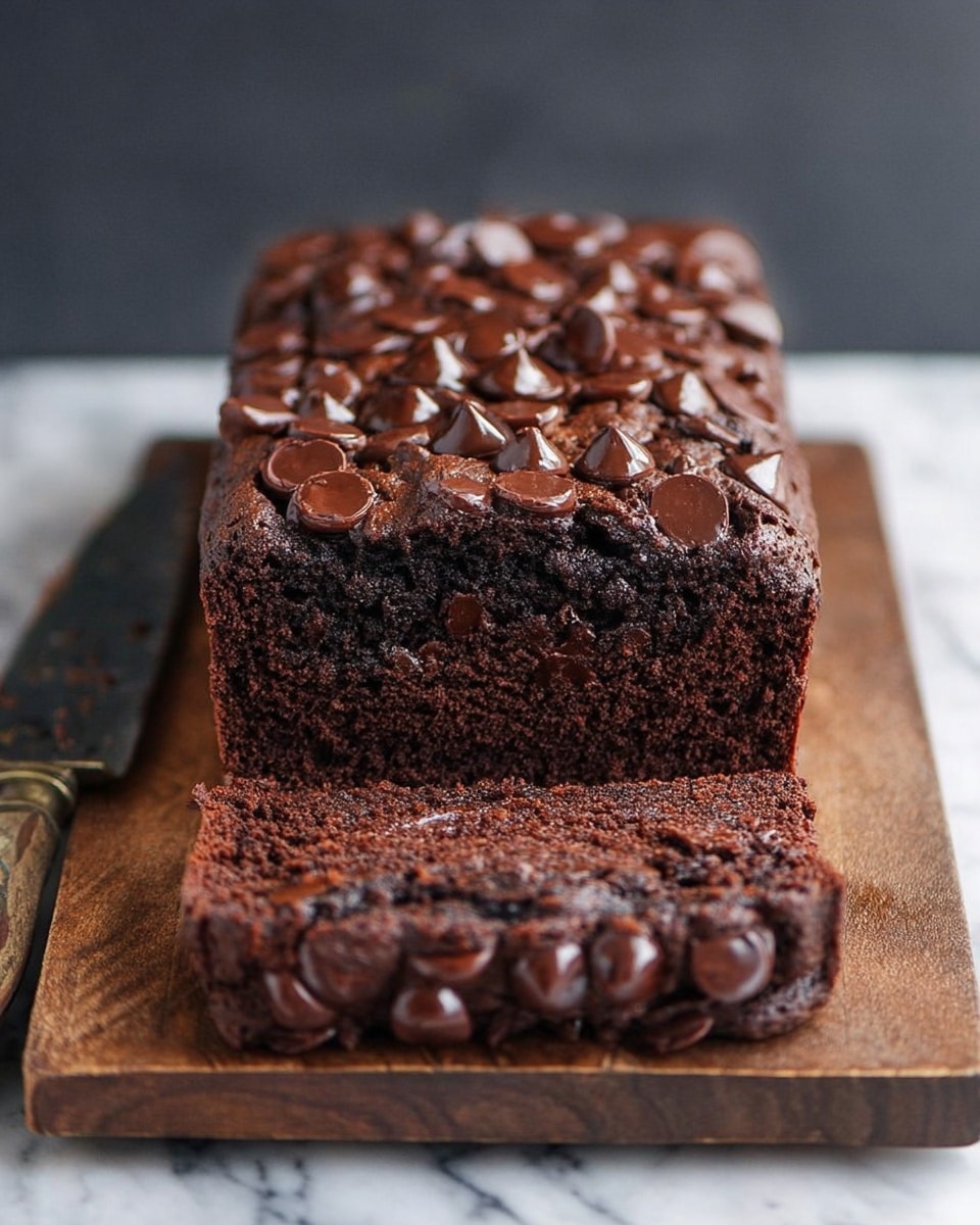 The image shows a thick rectangular chocolate cake loaf on a wooden board. The cake has two visible layers: the base layer is dark brown and dense with a moist texture, while the top layer is covered with many shiny chocolate chips, some slightly melted into the cake. One slice is cut and laid flat in front of the main loaf, showing the rich chocolate inside that looks soft but firm. The cake and slice rest on a white marbled texture surface with an old knife beside it. Photo taken with an iphone --ar 4:5 --v 7