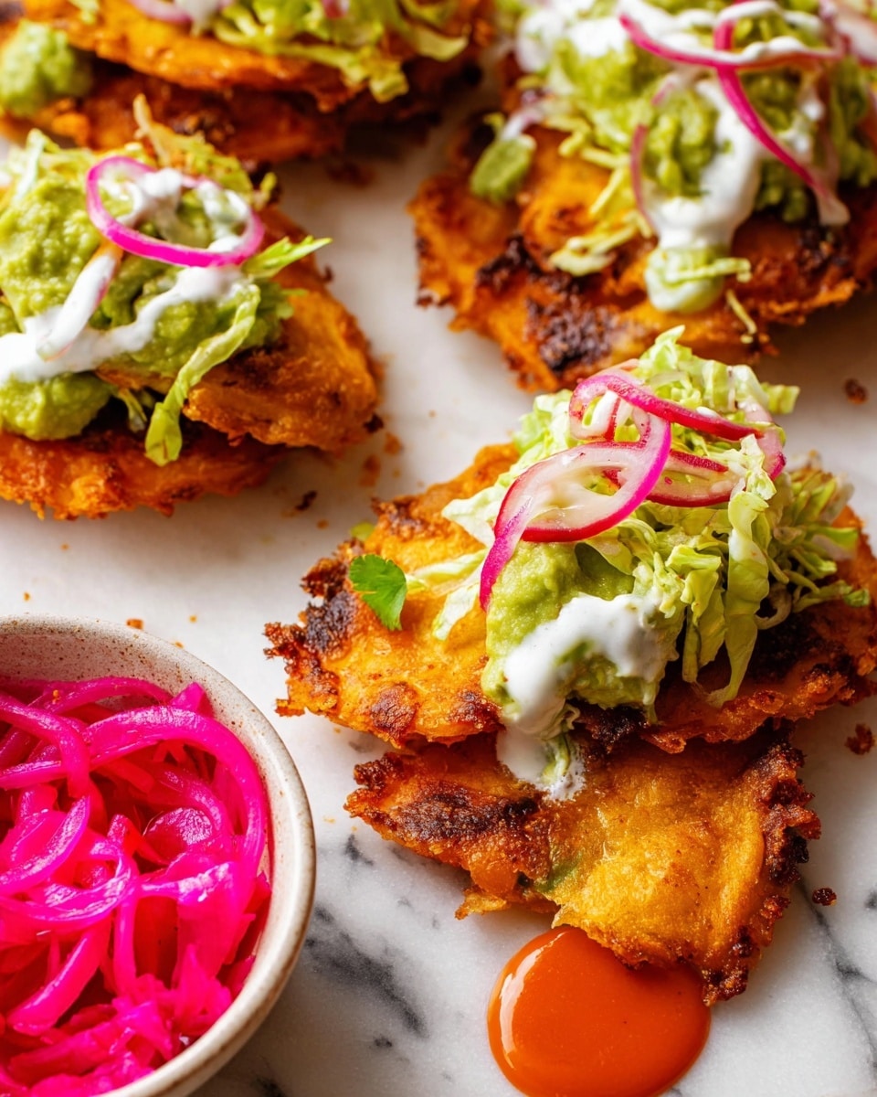 Four golden fried tacos with crispy, slightly rough edges lie on white parchment paper. Each taco is topped with thin green shredded lettuce, bright pink pickled onion slices, creamy white sauce drizzles, and small dollops of smooth green guacamole. The tacos are arranged closely with parts overlapping. On the right side of the image is a small white bowl filled with chunky light green guacamole, and on the bottom left and center are small white cups of red salsa and light creamy sauce with herbs, respectively. The scene sits on a white marbled surface. Photo taken with an iphone --ar 4:5 --v 7