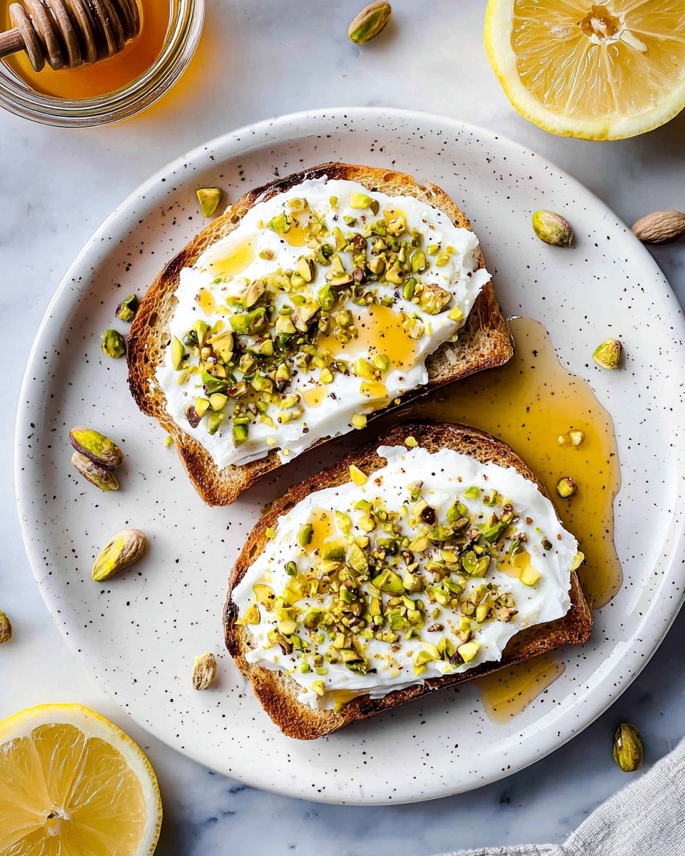 Two slices of toasted bread are placed on a white plate with small specks. Each slice is topped with a thick layer of white cream spread evenly, sprinkled with chopped green pistachios and small bits of black pepper and lemon zest. Golden honey is drizzled on top and around the toast, creating shiny pools. A few whole pistachio nuts are scattered around the plate. The plate sits on a surface with a white marbled texture. Part of a lemon half and a glass container with honey are visible on the sides. Photo taken with an iphone --ar 4:5 --v 7