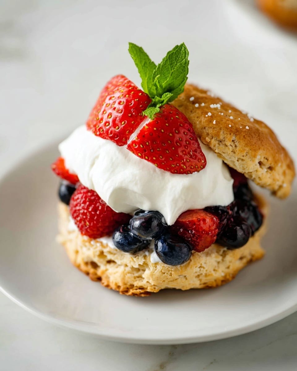 A white plate holds a biscuit sandwich with two golden-brown biscuit halves; the bottom half is rough-textured and topped with dark blue blueberries and red raspberries. Above the berries is a large dollop of white whipped cream, with two bright red strawberry halves placed on the cream. A green mint leaf sits on top, tucked between the strawberries. The top biscuit half rests slightly tilted on the cream and fruit layers. The plate is set on a white marbled background. Photo taken with an iphone --ar 4:5 --v 7